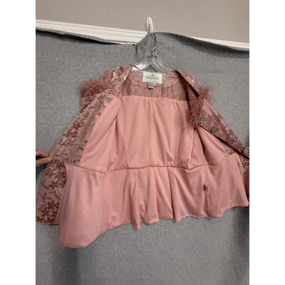 Serafina Jacket Womens 12 Pink Floral Jacquard Faux Fur Rhinestone Button Peplum - Picture 10 of 16